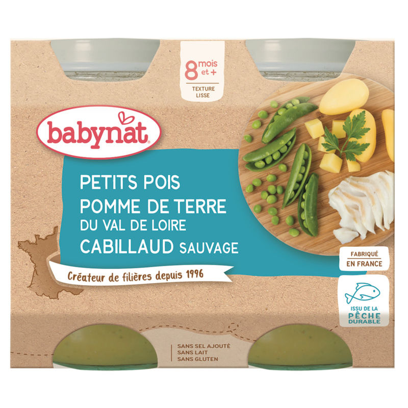 Babynat Cabillaud, Petits Pois, Pomme de Terre Val de Loire, dès 8 Mois, 2 x 200g