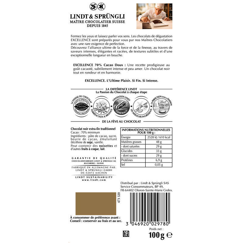 Lindt Excellence Tablette Chocolat Noir Doux 70 % De Cacao 100 G