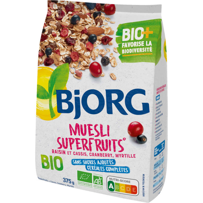 Bjorg Muesli superfruits raisin, cassis, cranberry, myrtille, bio 375g