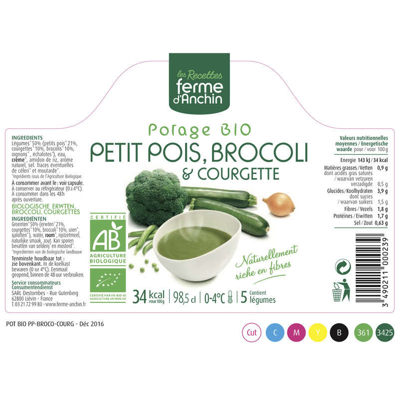 Ferme D'Anchin potage bio petit pois, brocoli courgette 985ml