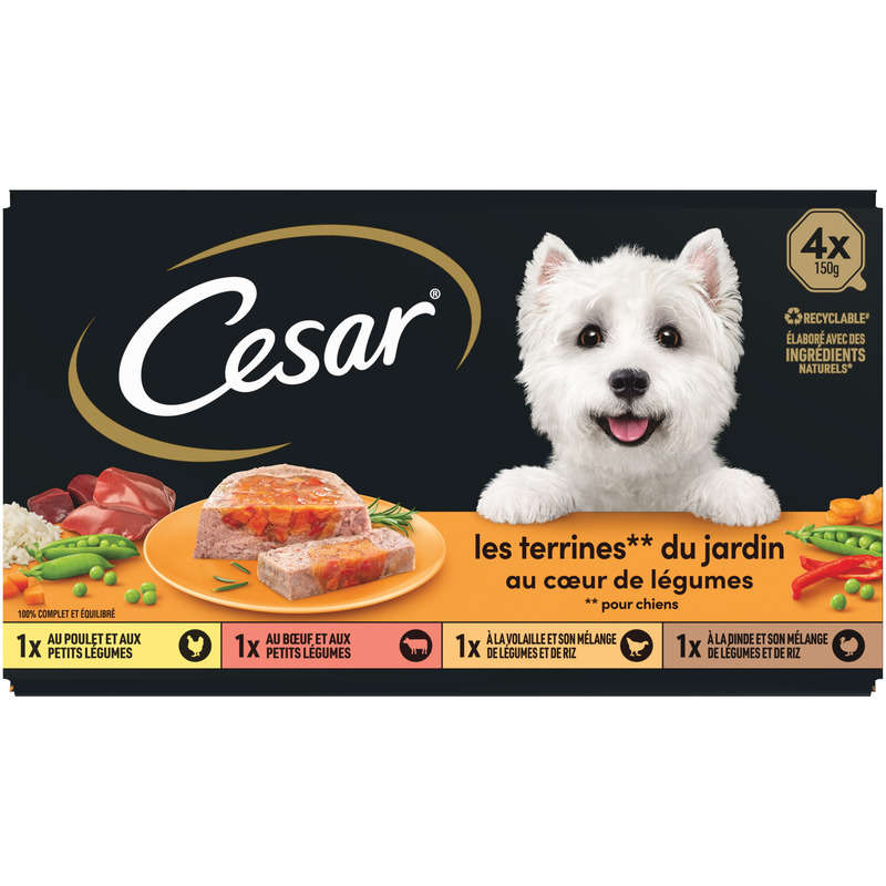 Cesar Barquettes en terrine pour chien au cœur de légumes 4x150g