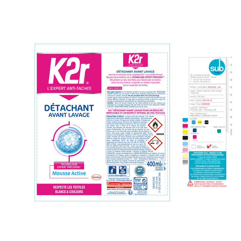 K2R Détachant Avant Lavage, Mousse Active 0.4 L
