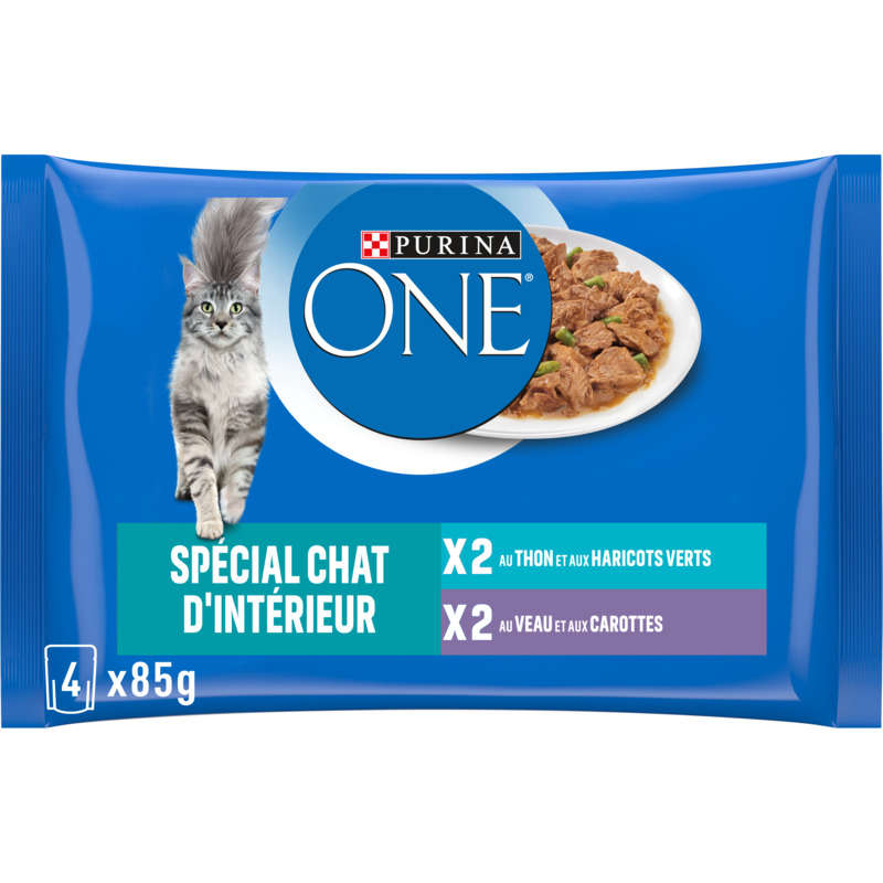 Purina One Pâtée Chat d'intérieur au thon et veau 4x85g