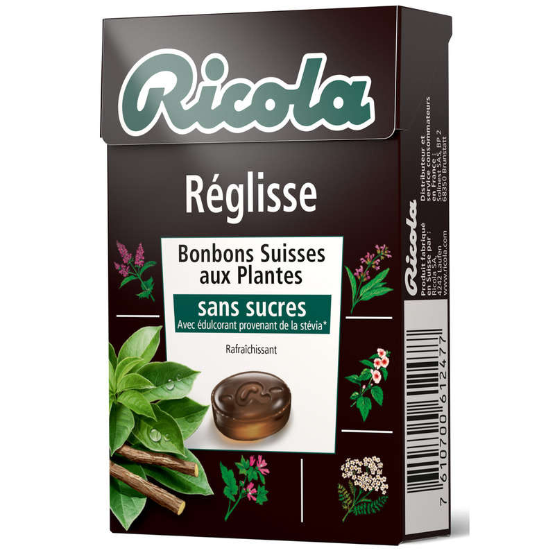 Ricola Bonbons Suisse Aux Plantes, Réglisse, Avec Extrait Plante De Stévia, Sans Sucres 50G