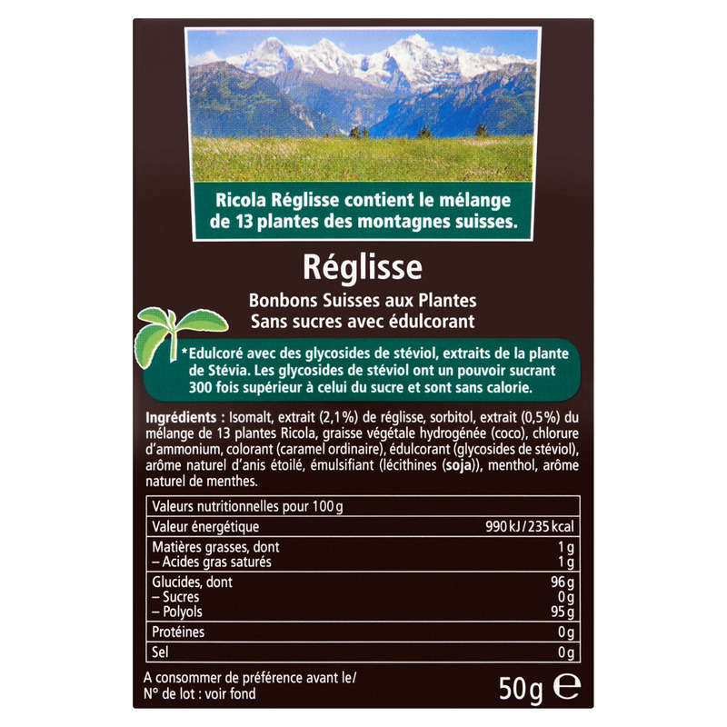 Ricola Bonbons Suisse Aux Plantes, Réglisse, Avec Extrait Plante De Stévia, Sans Sucres 50G