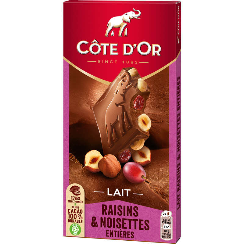 Côte d'Or Tablette Chocolat au Lait Raisins et Noisettes Entières 180g