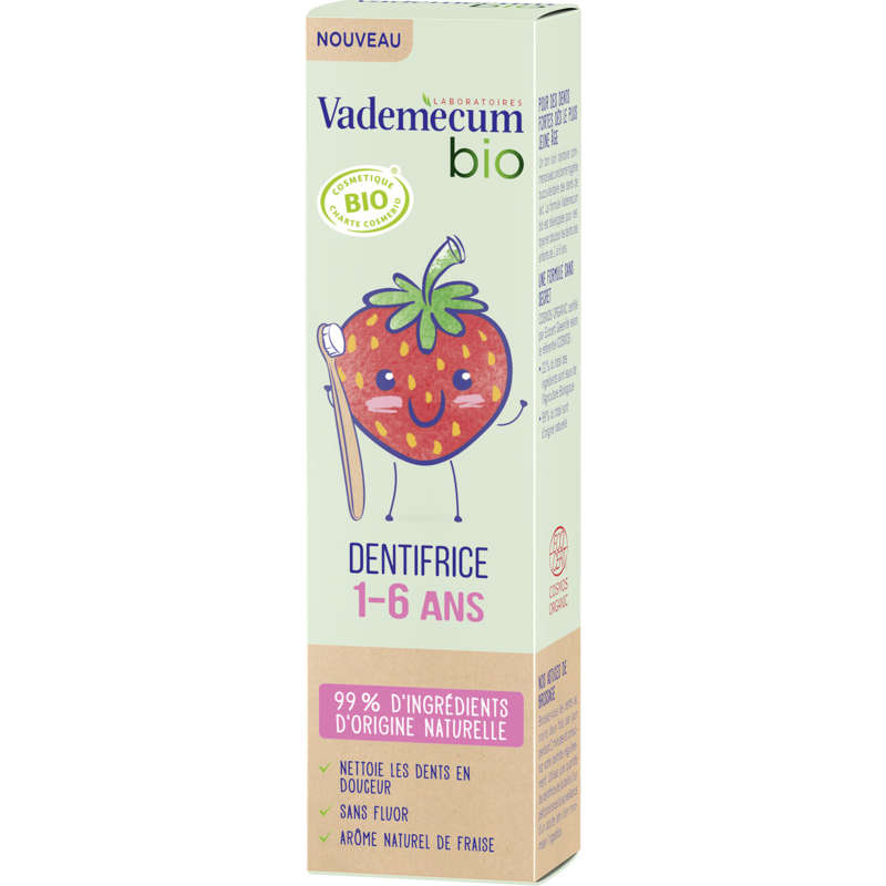 Vademecum Dentifrice Enfant Bio Sans Fluor Goût Fraise 1 à 6 ans 50 ml