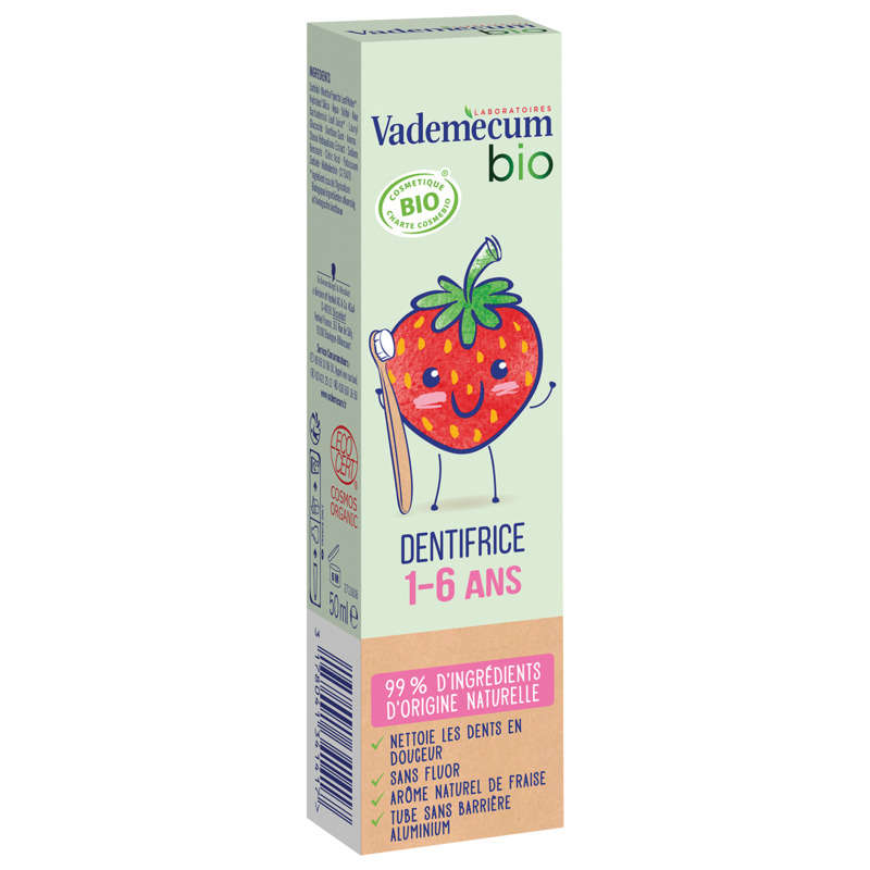 Vademecum Dentifrice Enfant Bio Sans Fluor Goût Fraise 1 à 6 ans 50 ml