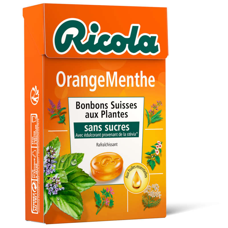 Ricola Bonbons Suisses Aux Plantes, Orange Menthe, Sans Sucres 50G