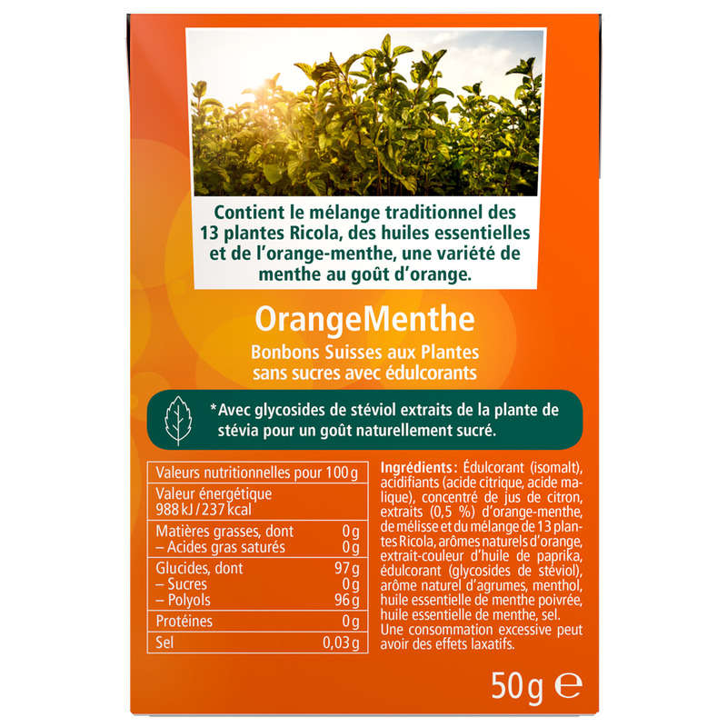 Ricola Bonbons Suisses Aux Plantes, Orange Menthe, Sans Sucres 50G