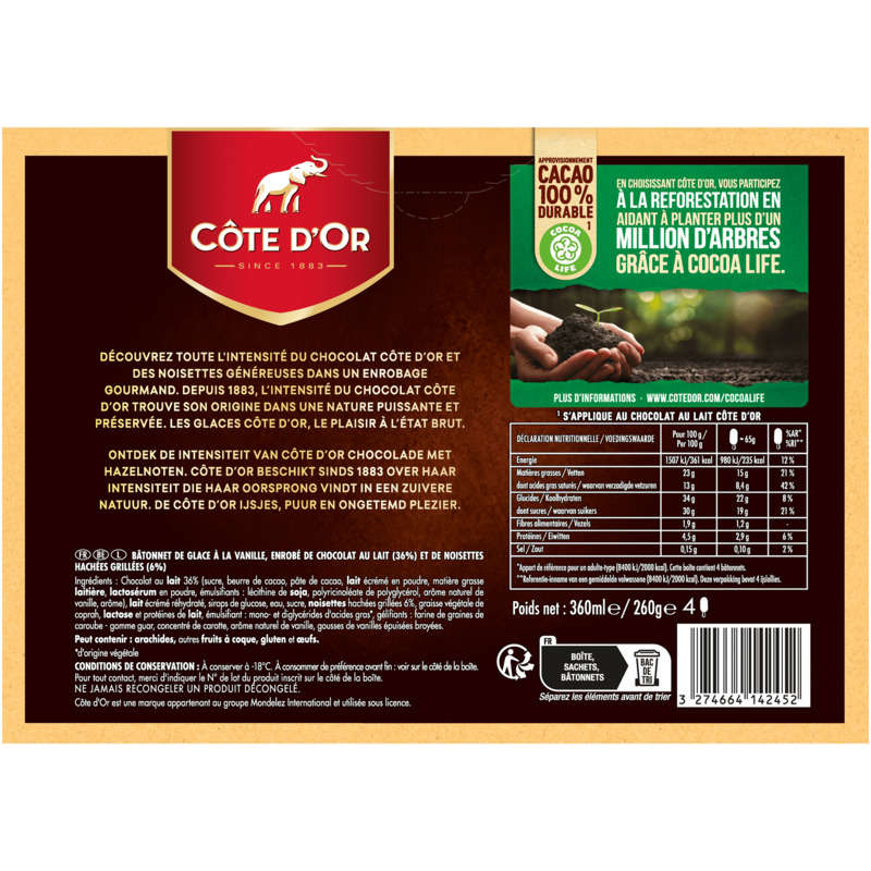 Côte d'Or 4 Bâtonnets Vanille Chocolat Lait Noisette 260g