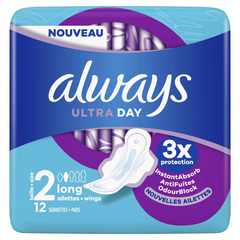 Always ultra jour serviettes long taille 2 ailettes x12 serviettes