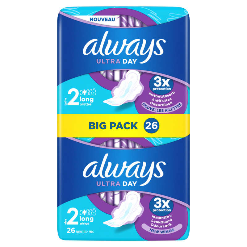 Always ultra serviettes long taille 2 ailettes x26 serviettes