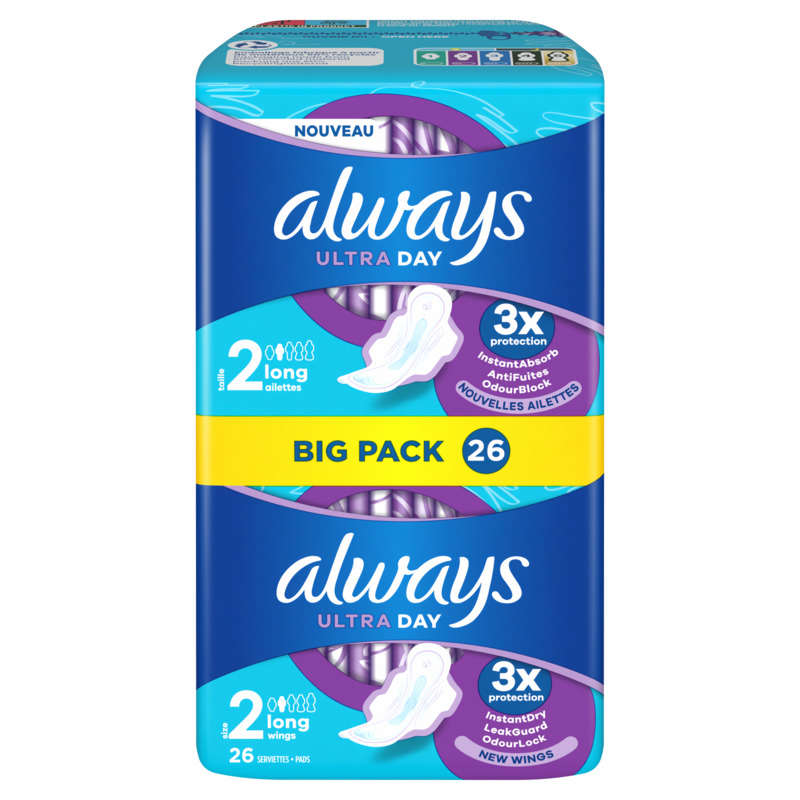 Always ultra serviettes long taille 2 ailettes x26 serviettes