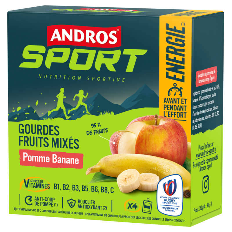 Andros Sport gourdes Fruits Mixés pomme Banane 4x90g