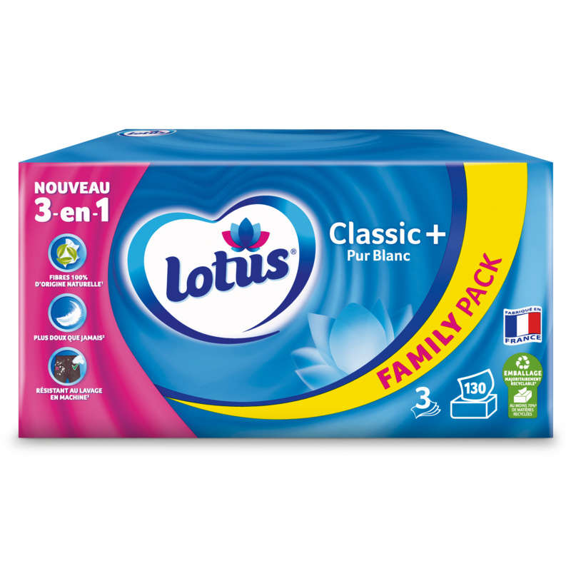 Boîte Mouchoirs Lotus Classic+ Pur Blanc Family Pack x130