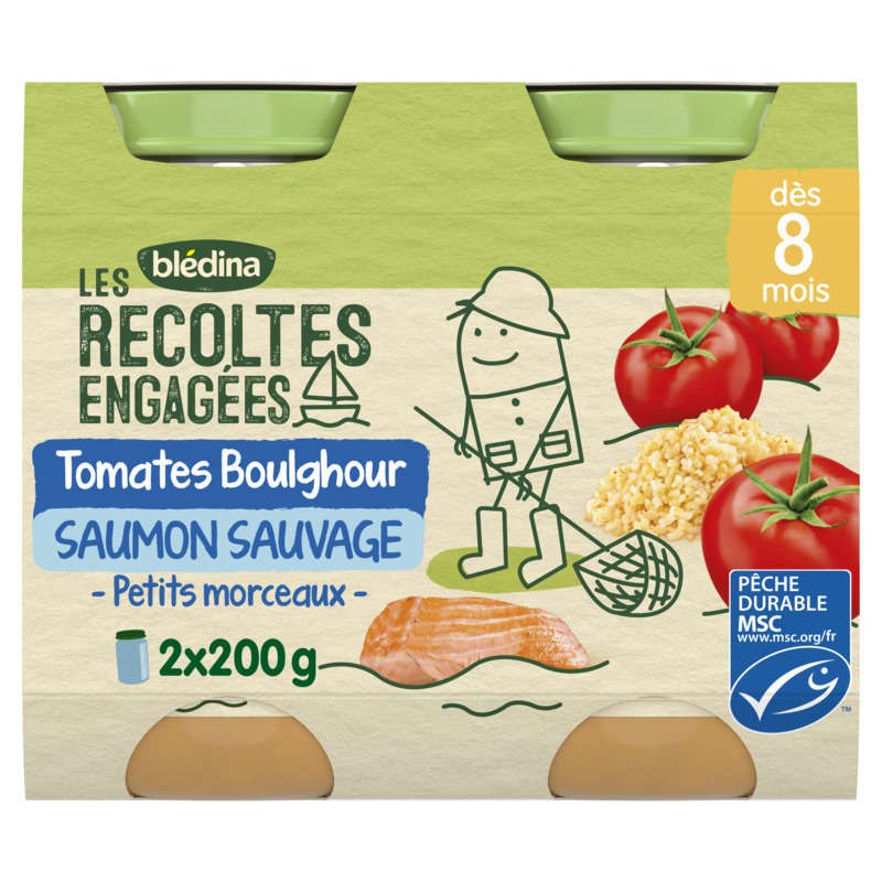 BLEDINA LES RECOLTES ENGAGEES Pots Tomates Boulghour Saumon Sauvage 2x200g dès 8 mois