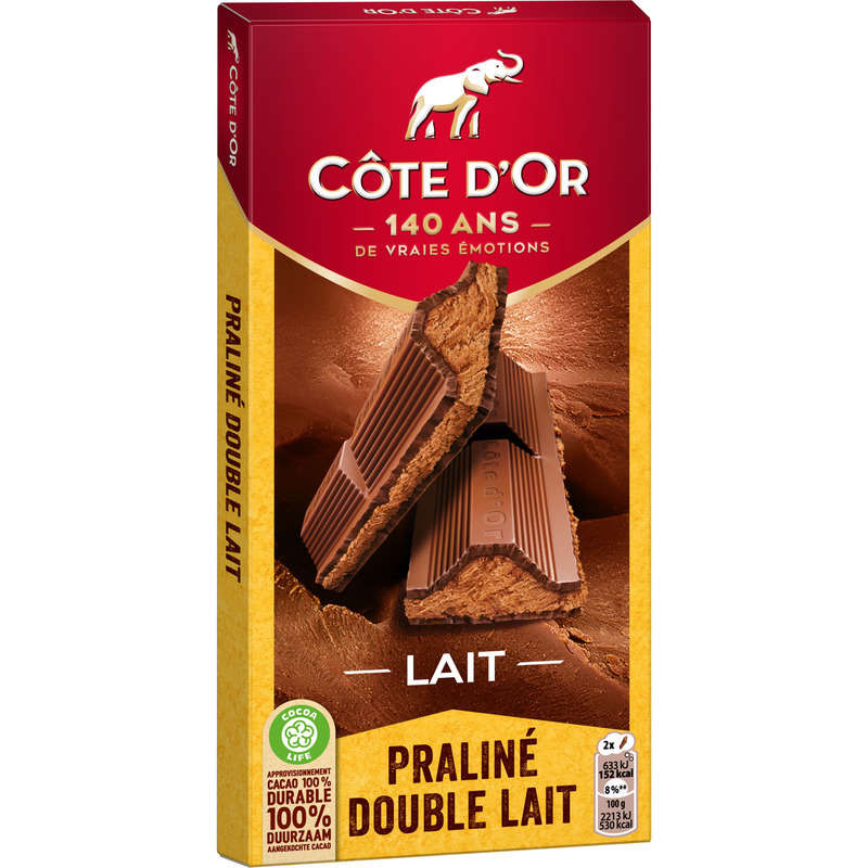 Côte d'Or Tablette Chocolat au Lait fourré Praliné et Double Lait 200g